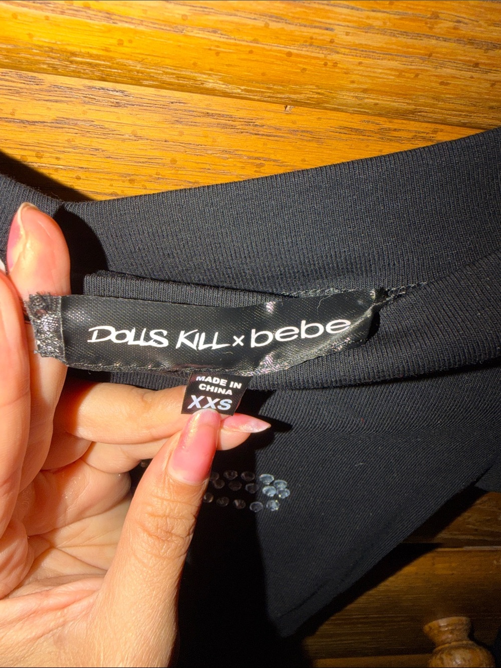 bebe Black Long-Sleeve Off-Shoulder Top with Rhinestone Logo - Picture 2 of 2